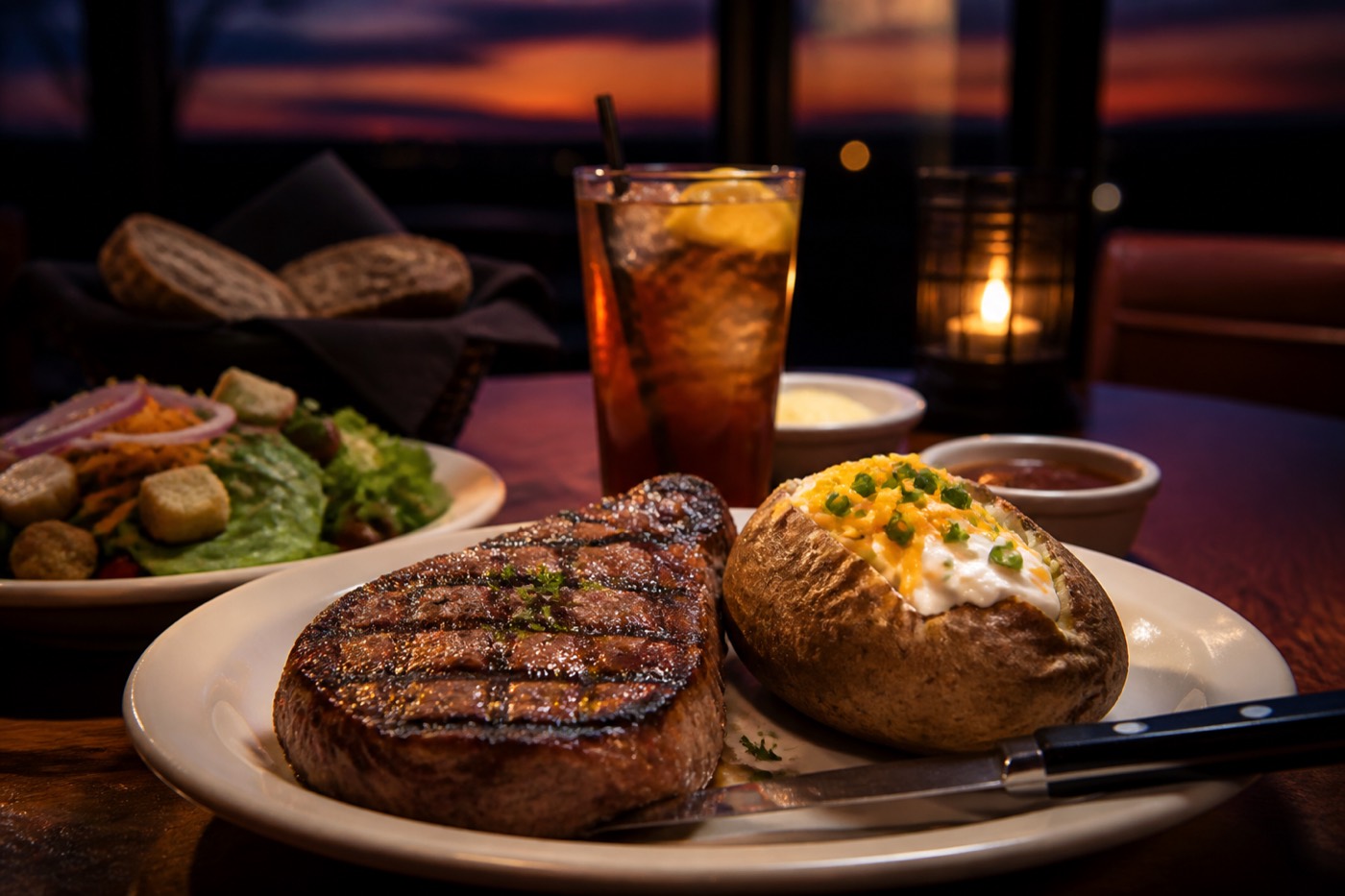 LongHorn-style evening steak dinner with potato and salad, unofficial diner photo