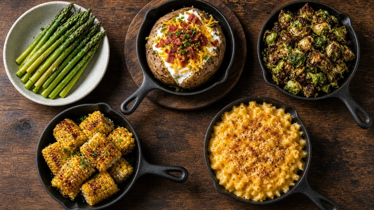 Several steakhouse side dishes, including a loaded baked potato, asparagus and mac and cheese, on a wooden table