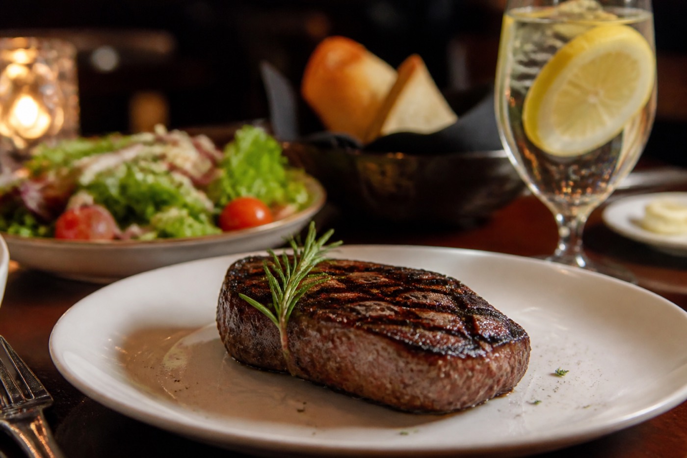 Unofficial steakhouse plate for thinking about LongHorn menu nutrition, not a calorie table