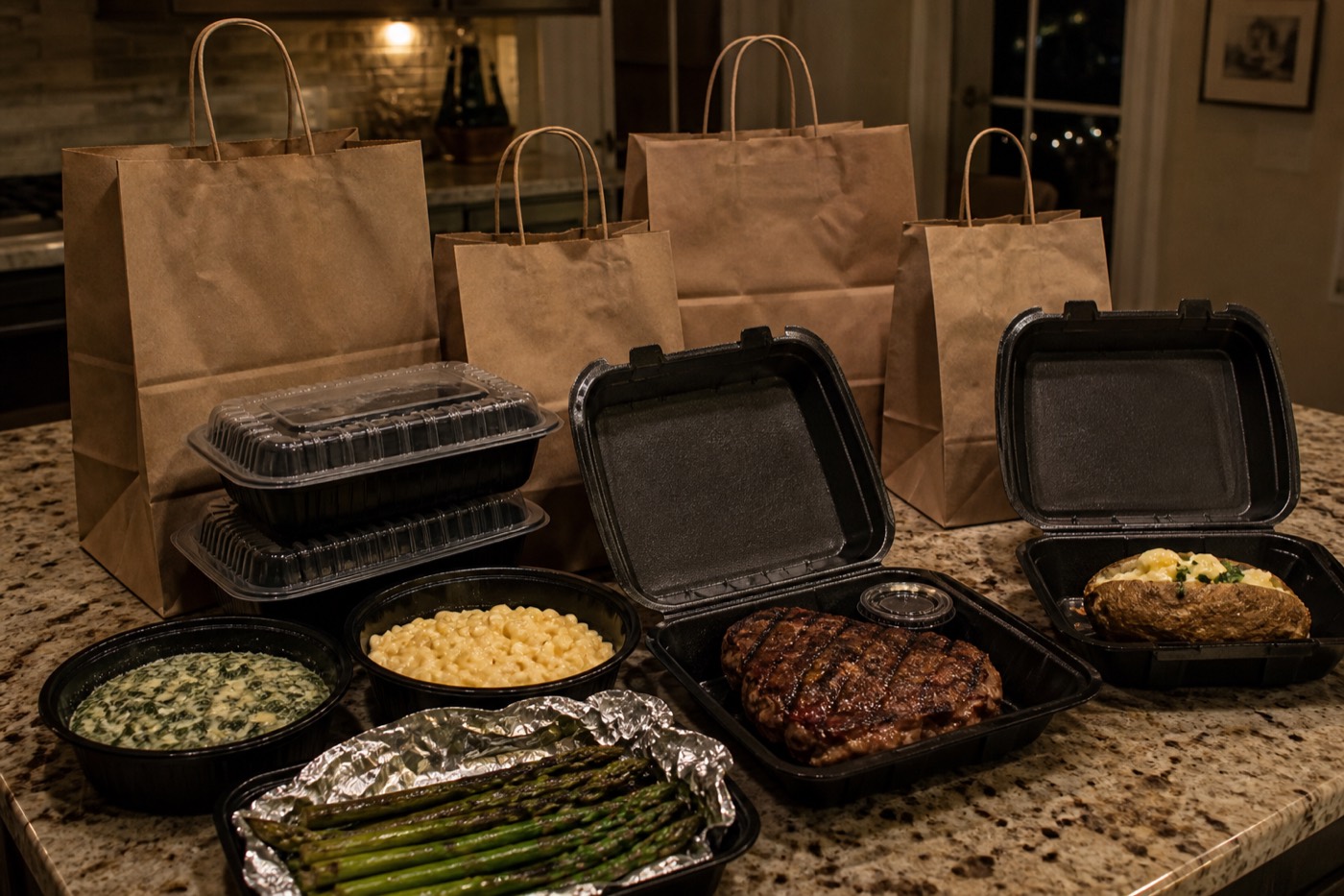 Steakhouse takeout containers on a kitchen counter, unofficial diner photo