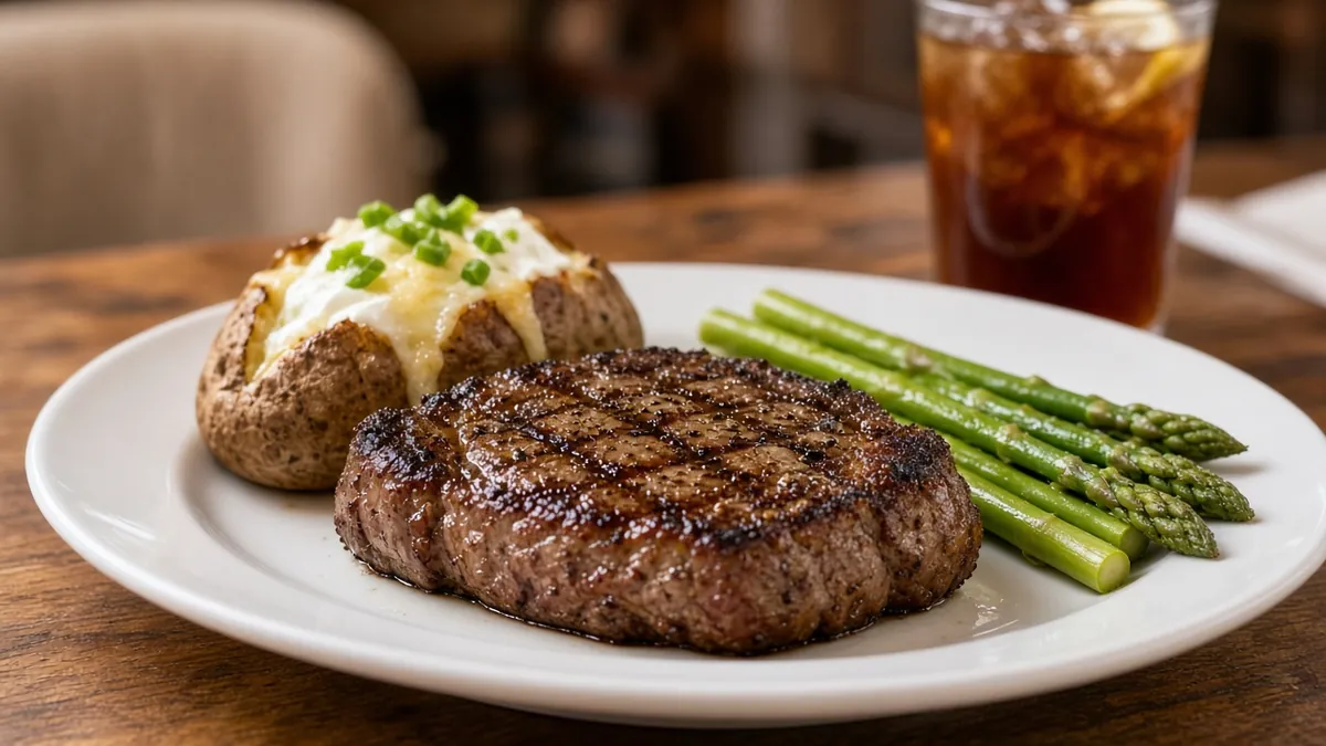 Grilled sirloin steak with asparagus and a baked potato on a plate at a casual restaurant table
